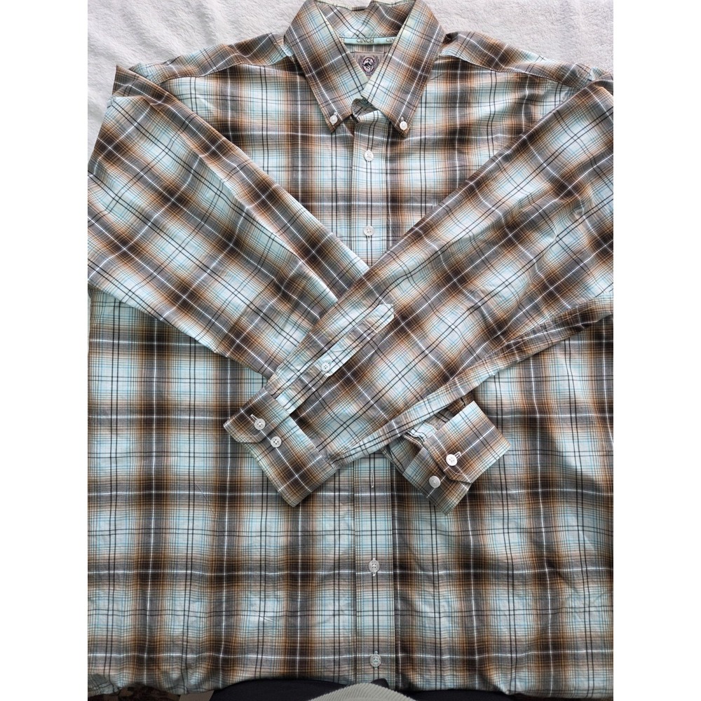 Cinch Shirt Mens Small Brown Blue Plaid Button Up Long Sleeve Western Ranch